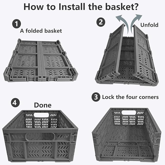 4-Pack Plastic Storage Crates, 20L Foldable Baskets, Collapsible Crates - Image 3