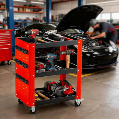 3-Tier Rolling Tool Cart with Pegboard, Heavy Duty Mechanic Utility Cart - Image 8
