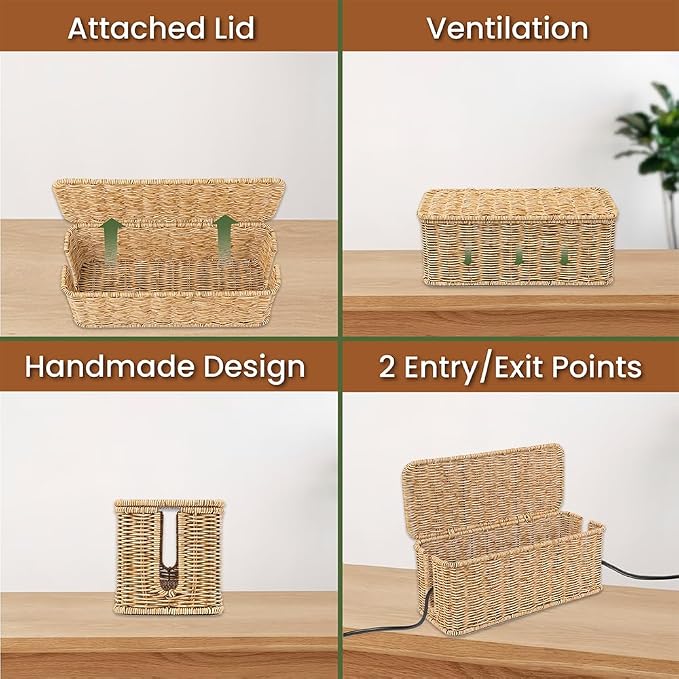 Cable Management Box, Handmade Rattan Cable Organizer, 2 Open Slots Cords Hider - Image 5