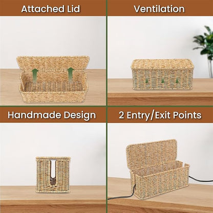 Cable Management Box, Handmade Rattan Cable Organizer, 2 Open Slots Cords Hider - Image 5