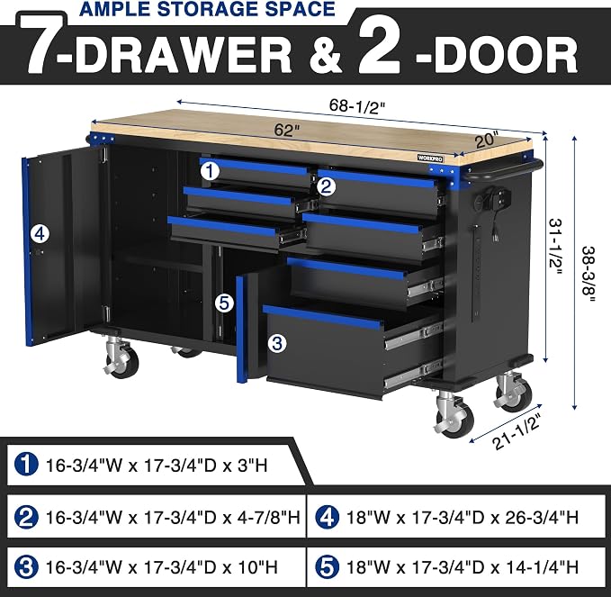 WORKPRO 62" x 20" 7-Drawer & 2-Door Rolling Tool Chest, Mobile Tool Storage - Image 2