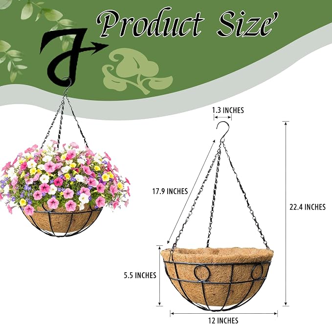 Classic Round Wire Hanging Basket 4 Packs 12 Inch Deep Coco Liner - Image 6