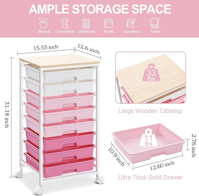 Rolling Cart with Drawers, Storage Cart with 8 Drawers and Wooden Tabletop - Image 6