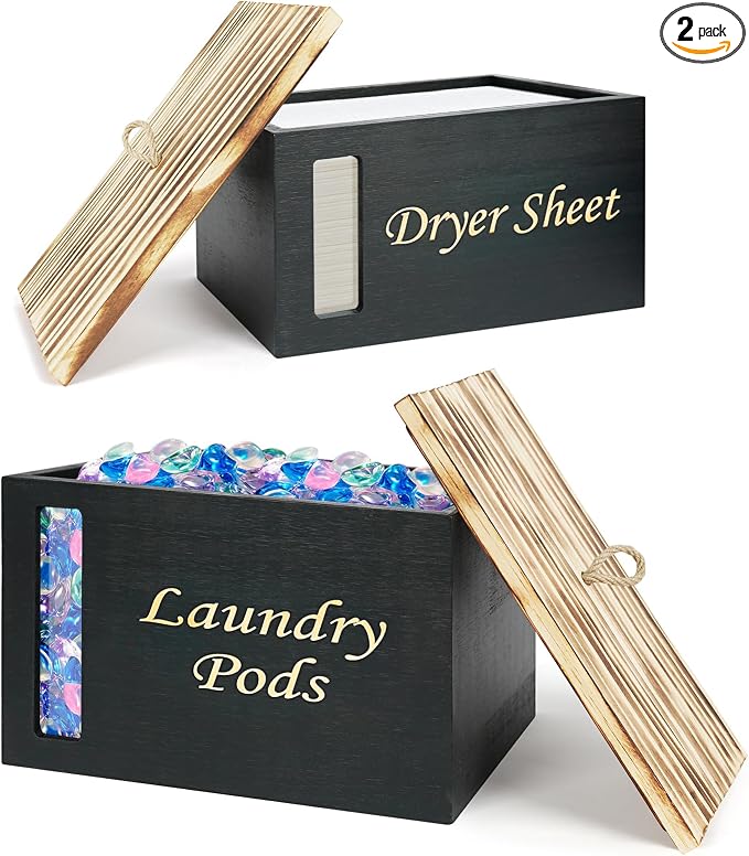 2 Pcs Wood Laundry Pods Container & Dryer Sheet Holder, Solid Pine Laundry by BuyNow