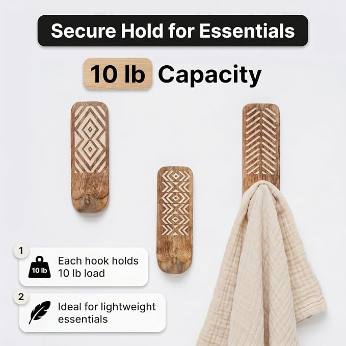 IndianShelf 3 Boho Wood Adhesive Wall Hooks Peel Stick - Image 2
