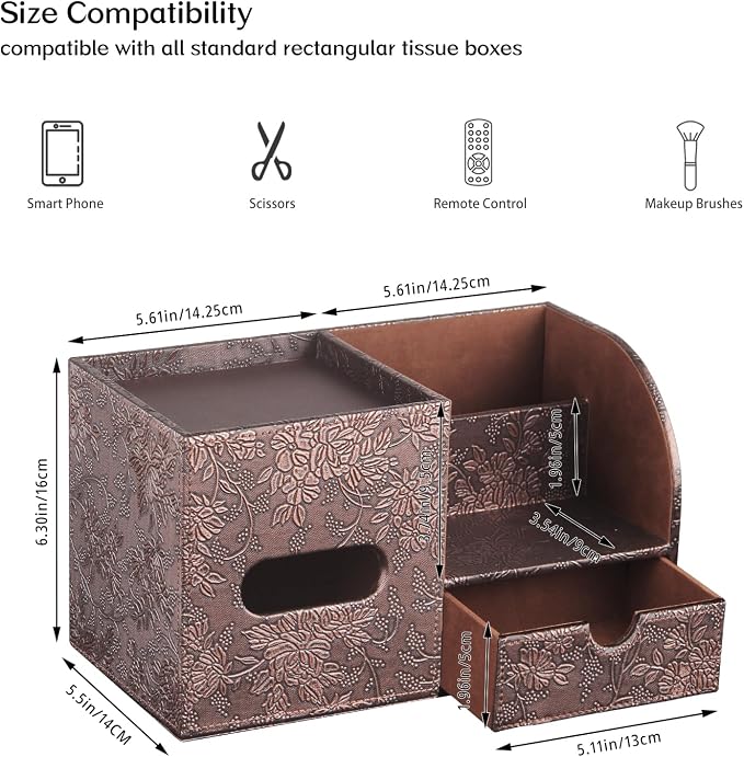 Square Tissue Box Cover with Drawer Storage and Tray on Top, PU Leather Tissues - Image 3