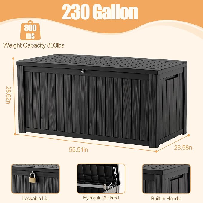 230 Gallon Outdoor Storage Box, Large Resin Deck Box, Waterproof Lockable - Image 2
