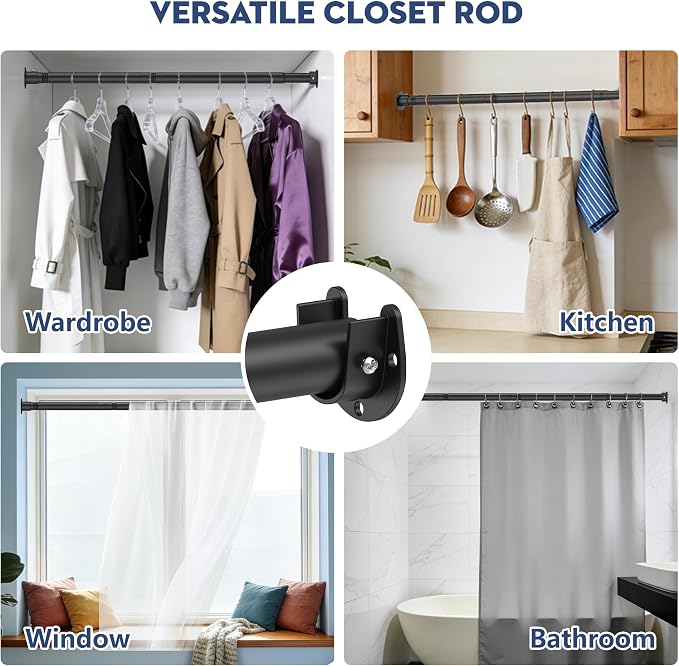 Heavy Duty Closet Rod, Adjustable 17-100 in, 1.3" Diameter | Black, Suitable - Image 7