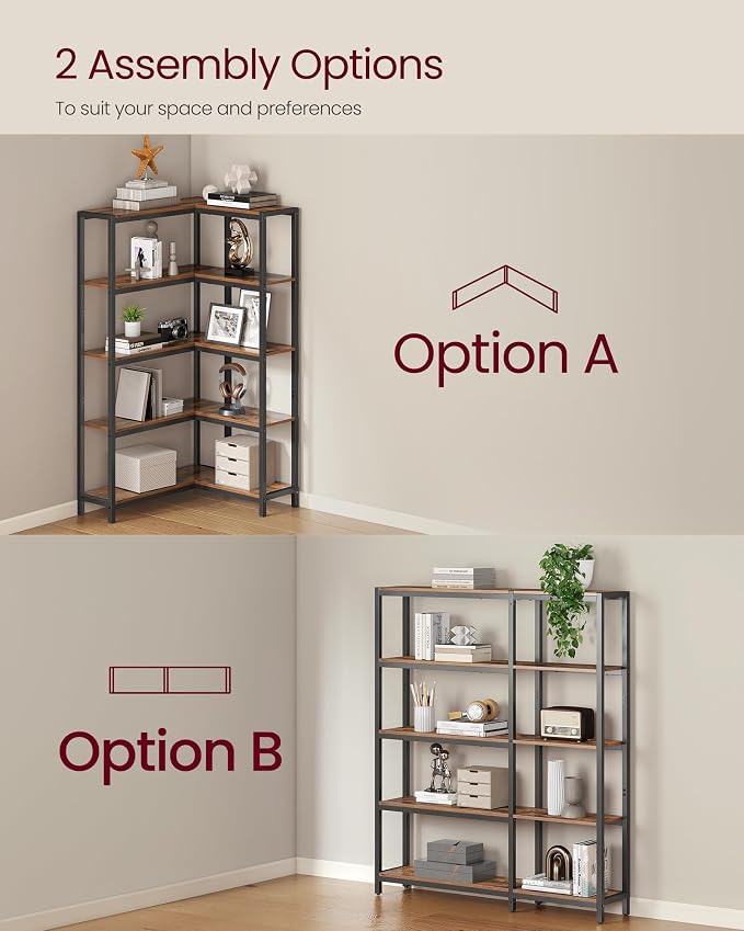 VASAGLE 5 Tier Bookshelf with Metal Frame, Convertible Industrial Corner Shelf - Image 4