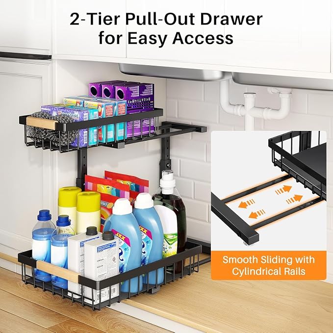 PXRACK Under Sink Organizer, Adjustable Height, 2 Tier Pull Out Under Cabinet - Image 4