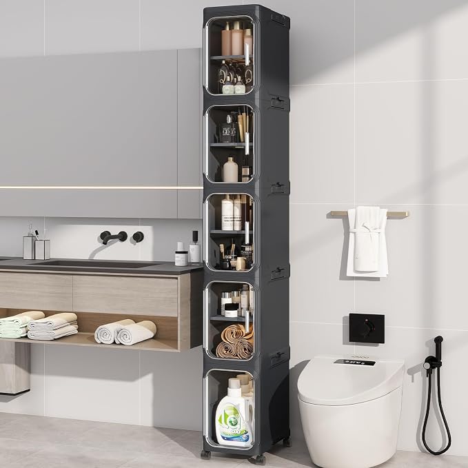 5 Tier Slim Bathroom Storage Cabinet, Foldable and Movable, ABS and PET by Neathub