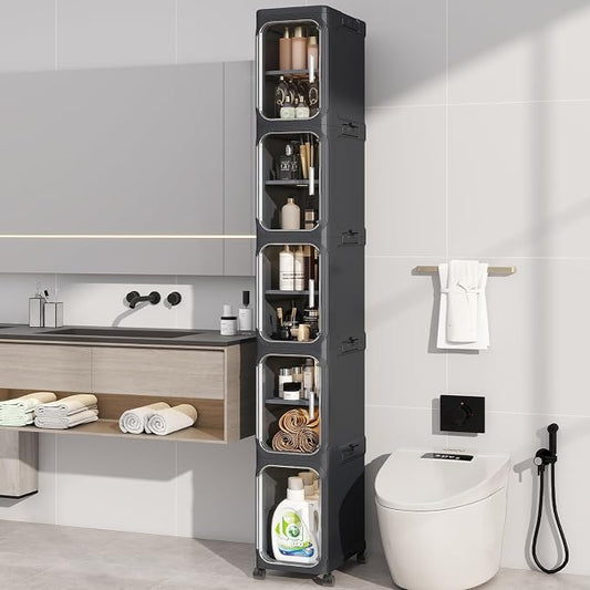 5 Tier Slim Bathroom Storage Cabinet, Foldable and Movable, ABS and PET by Neathub