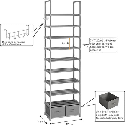 Shoe Rack Sturdy Metal 10 Tier Shoes Rack Organizer + 2Boxes 1Hook | Narrow - Image 3
