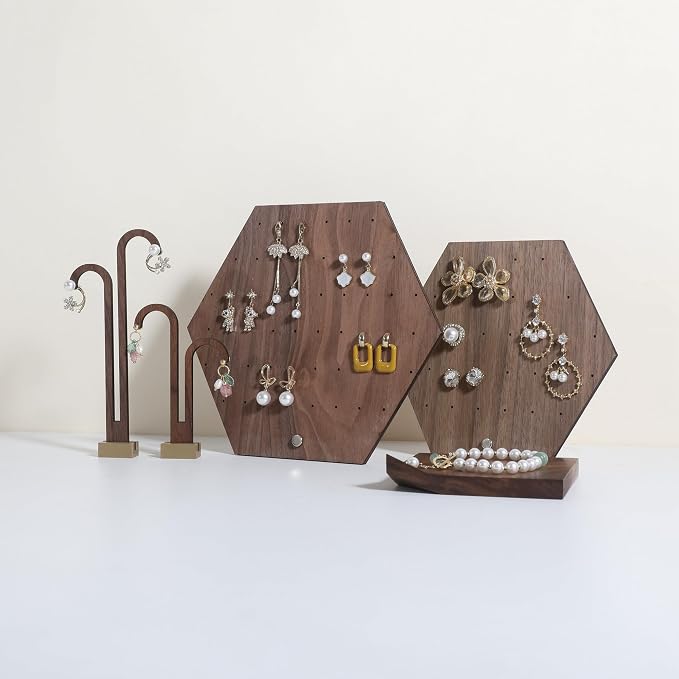 GemeShou Hexagonal Earring Organizer stand, Walnut Plywood Jewelry Display Board - Image 6