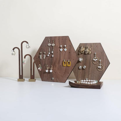 GemeShou Hexagonal Earring Organizer stand, Walnut Plywood Jewelry Display Board - Image 6