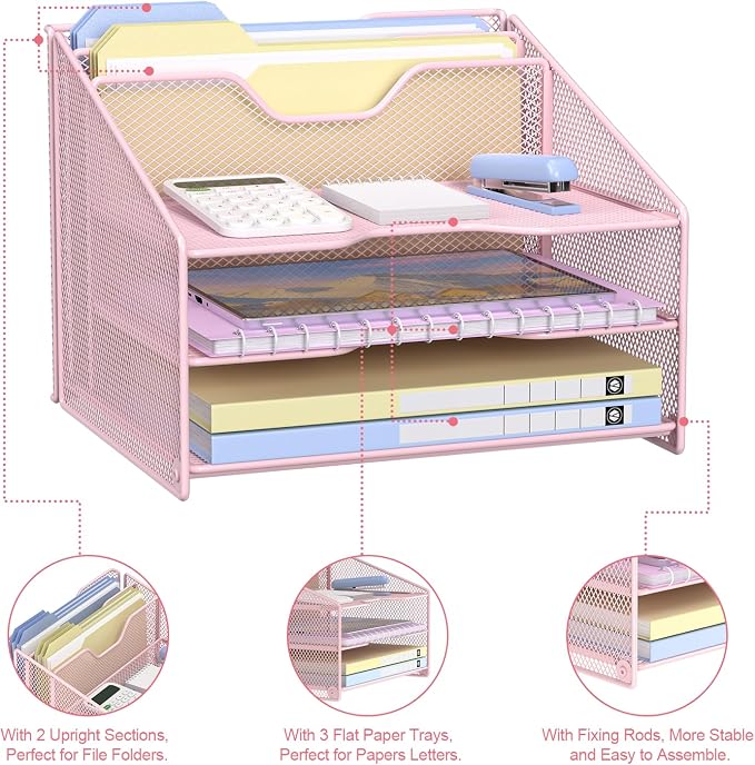 samstar Pink Desk File Organizer, Mesh Letter File Folder Holder - Image 5