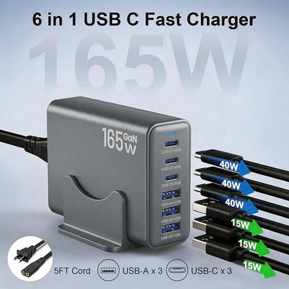165W GaN USB C Charging Station, 6 Port Desktop Charger - Image 2