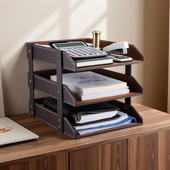 KINGFOM Letter Tray, Leather Paper Organizer Tray, Wooden Desk File Holder - Image 2