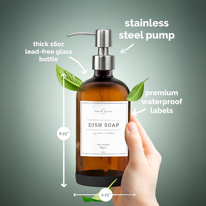 Vine Creations Amber Glass Soap Dispenser, 2 Pack Kitchen Soap Dispenser Set - Image 4