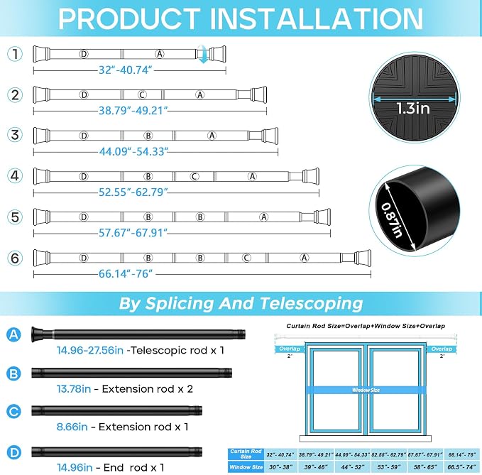 2 Pack Spring Tension Curtain Rod 32-76 inch, Adjustable Expandable Tension - Image 4