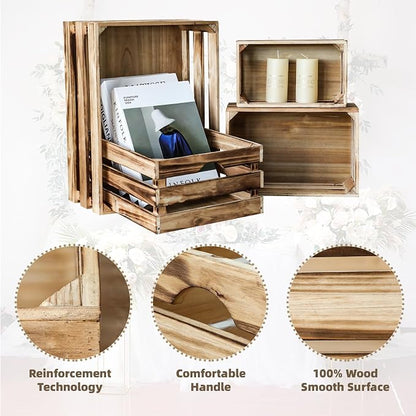 Set of 4 Large Torched Wood Decorative Storage Crates, Nesting Wooden Crates - Image 4