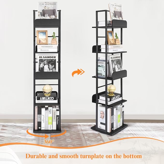 Bikoney Rotating Bookshelf, 360 Display Spinning Bookshelf Tower, 5-Tier Narrow - Image 4