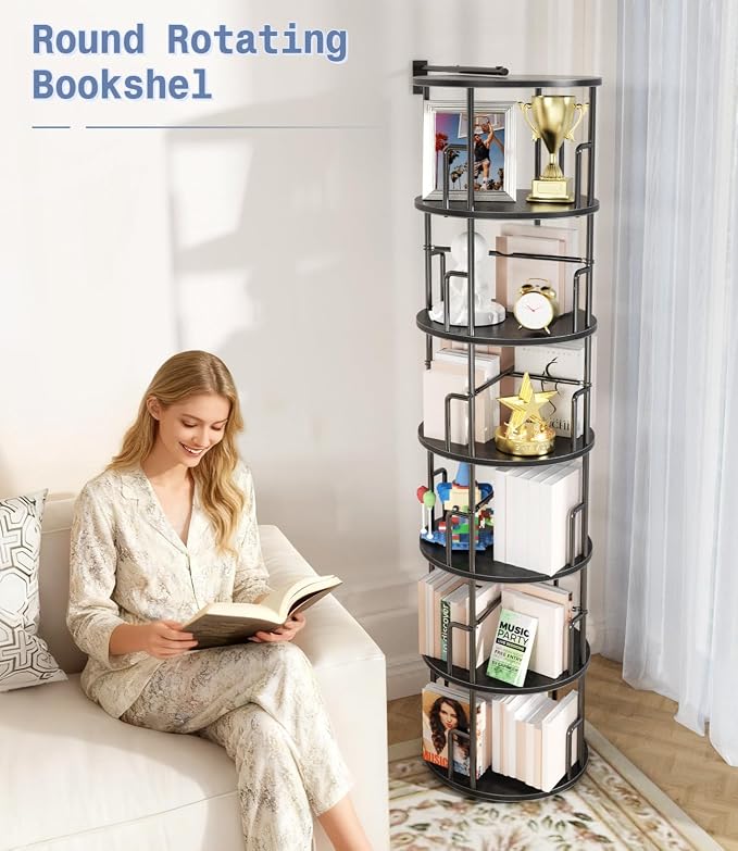 6 Tier Rotating Bookshelf Tower Round Black, 74”Tall Spinning Bookshelf Tower - Image 7