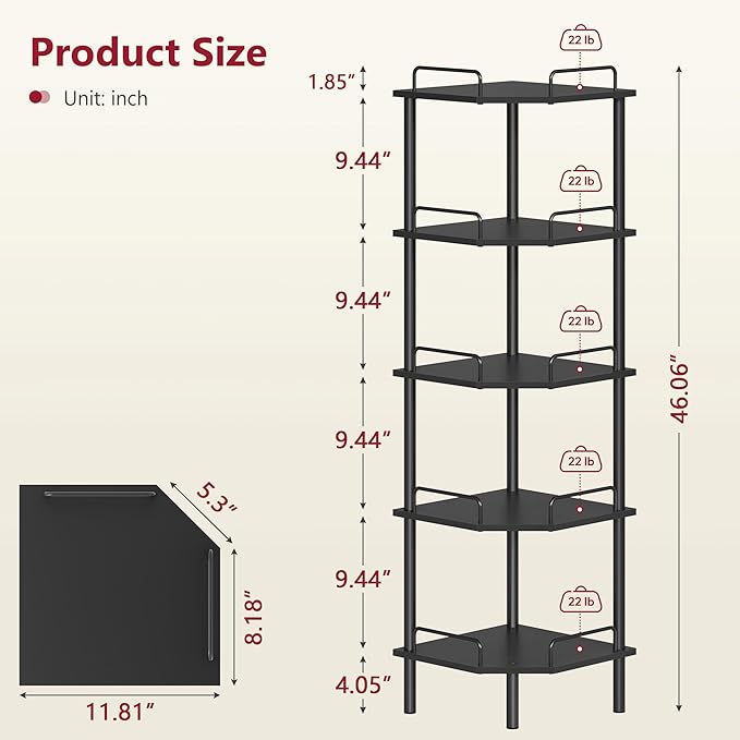 Tajsoon 5 Tier Corner Shelf Stand, Standing Corner Shelf Unit, Industrial - Image 7