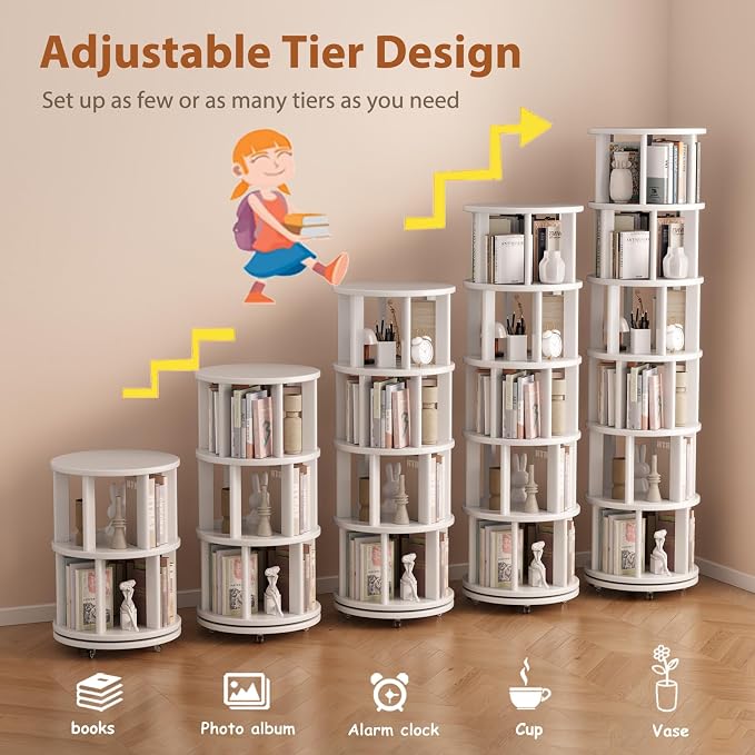 Solid Wood Rotating Bookshelf on Wheels, 6 Tier, Round Revolving Bookcase - Image 7