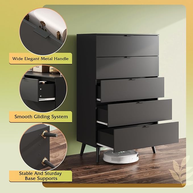 WLIVE 5 Drawer Dresser for Bedroom, Tall Wooden Dresser, Chest of Drawers for - Image 5