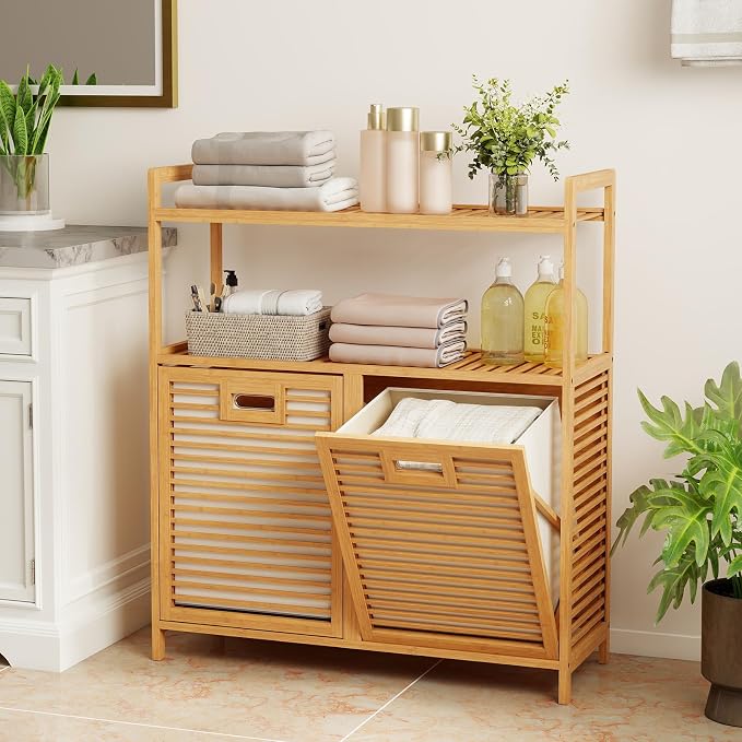 Giantex Double Tilt Out Laundry Hamper w/2-Tier Storage Shelf | 14 Gal Bamboo - Image 2