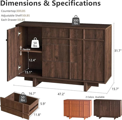 Sideboard Buffet Cabinet with Storage, 47.2" Large Sideboard with 2 Doors & 3 - Image 2