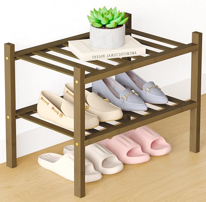 Smiry Bamboo Shoe Rack for Closet, 2 Tier Small Wooden Stackable Shoe Organizer by Smiry