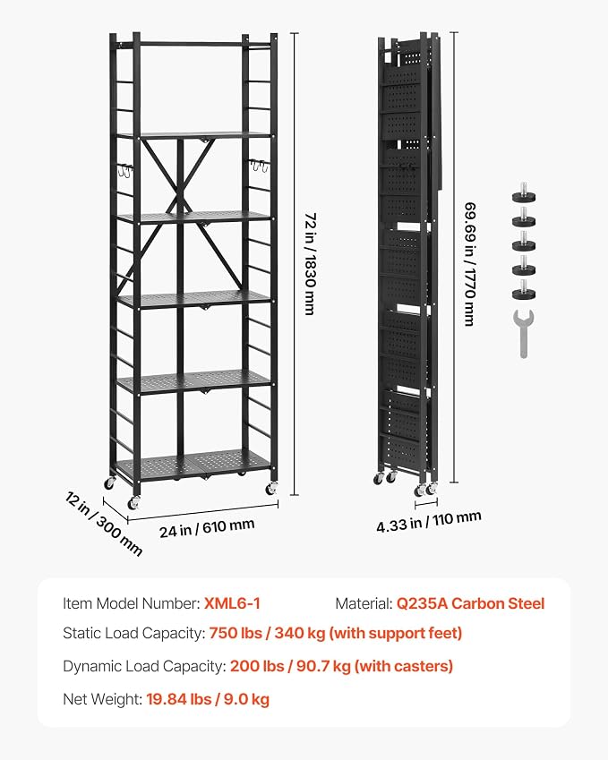 VEVOR 6-Tier Foldable Storage Shelf, 24W x 12D x 72H Inch Folding Metal Rack - Image 3