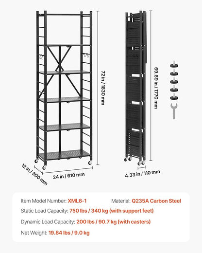 VEVOR 6-Tier Foldable Storage Shelf, 24W x 12D x 72H Inch Folding Metal Rack - Image 3