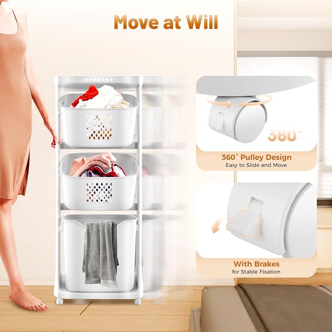 3 Tier stackable Laundry Basket Sorter Portable Rolling Cart Clothes Storage - Image 6