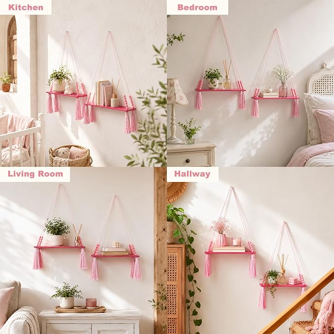 Artilady Macrame Hanging Wall Shelf, Wood Plant Shelf, Crystal Candle Holder - Image 4