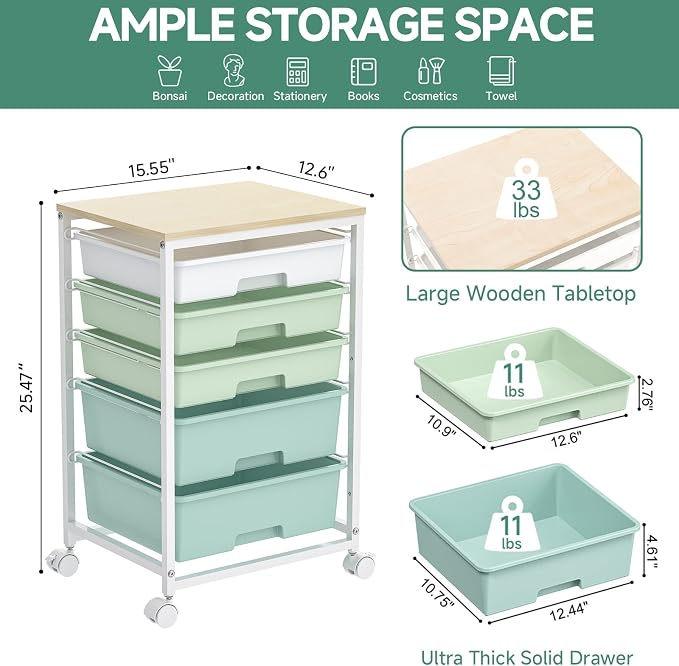 SYKIARIOL Rolling Cart with Drawers, 5 Drawers Storage Cart, Light Green | - Image 3
