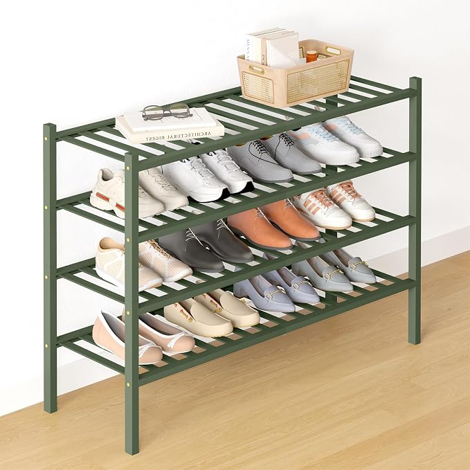 Smiry Bamboo Shoe Rack for Closet, 4 Tier Long Wooden Stackable Shoe Organizer by Smiry