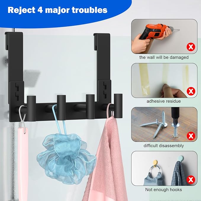 PMMASTO No-Drill Extra Long Shower Hooks, Fits 3/8" Thick Door, Heavy Duty - Image 4