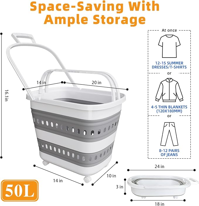 50L Collapsible Plastic Laundry Basket Hamper - Image 2