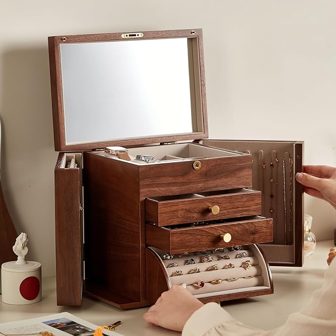 CHOSIN Black Walnut Wooden Jewelry Box, 4-Layer Lockable Organizer - Image 9