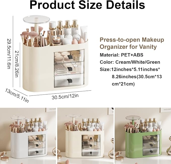 DASITON Makeup Organizer with 3 Drawers, Automatic Lifting Makeup Brush Holder - Image 6