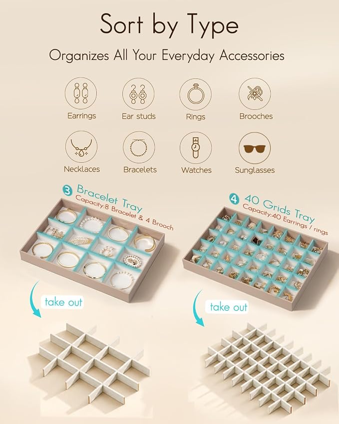 VLANDO Stackable Jewelry Tray, Drawer Organizer, 40-Grid Display, Toffee | 40 - Image 8