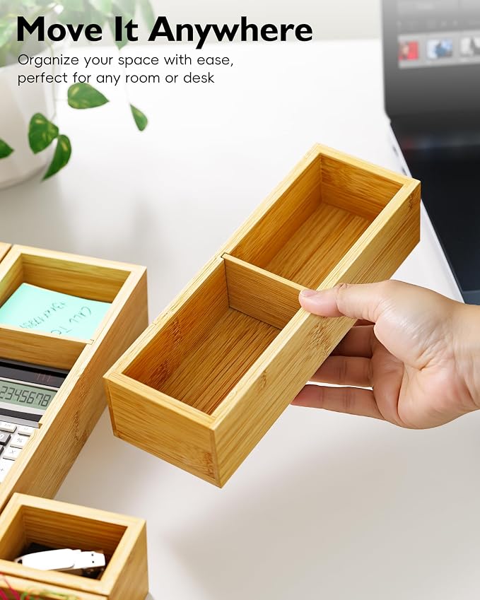 12-Piece Bamboo Desk Drawer Organizer Tray – Adjustable Storage Boxes - Image 3
