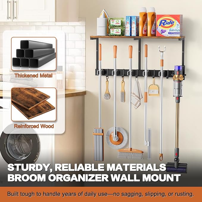 Broom Holder Wall Mount with Cleaning Supplies Organizer, Laundry Room - Image 7