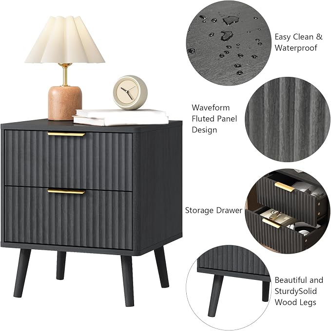CARPETNAL Fluted Nightstand, Wood End Table Mid Century Night Stands - Image 3
