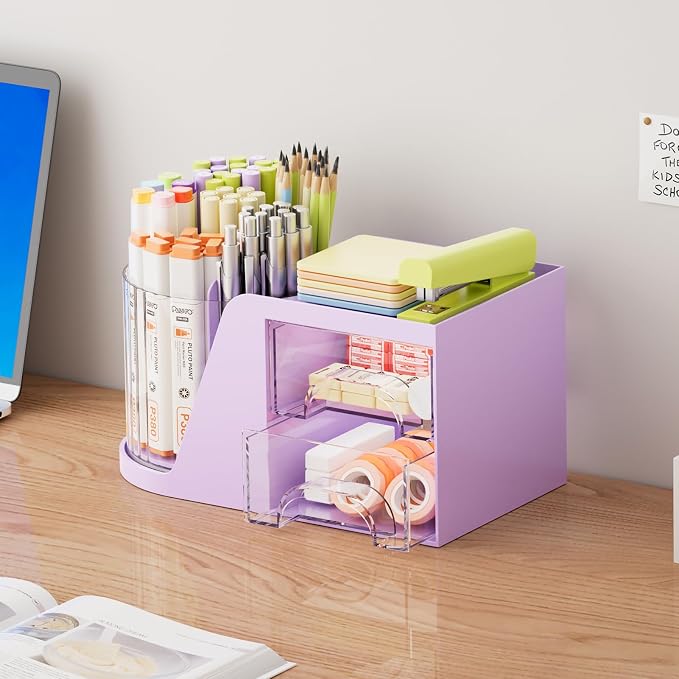 Marbrasse Desk Organizer with 2 Drawer, 360°Rotating Pen Holder, Desk - Image 4