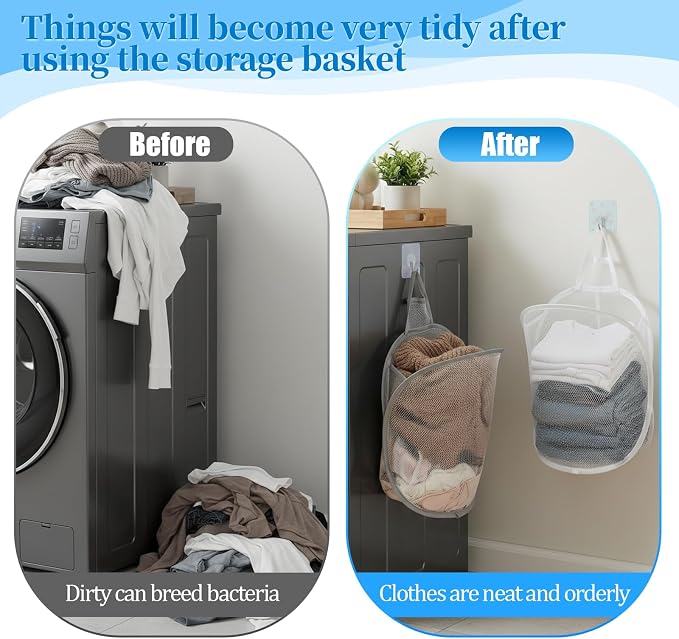 2 Pack Mesh Foldable Hanging Laundry Hamper, Small Wall Laundry Baskets - Image 5