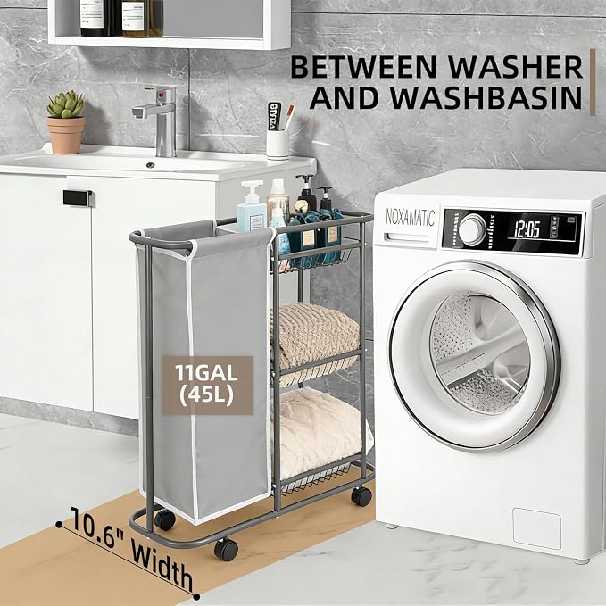 Rolling Laundry Sorter with 3 Storage Baskets and 45 L Bag, 3-Tier Laundry - Image 4
